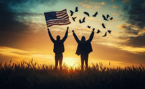 Silhouettes of two people holding American flag, sunset, birds, field