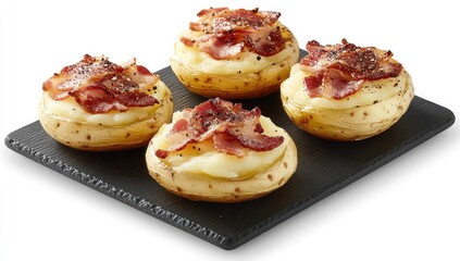 Four baked potatoes, topped with bacon and mashed potato mixture, on a dark slate plate