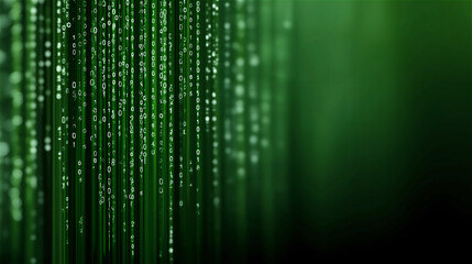 Green digital code lines on dark background, symbolizing technology, programming and innovation, with futuristic matrix atmosphere and abstract copy space.