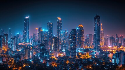 Night cityscape with illuminated skyscrapers