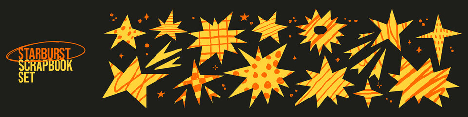 Cutouts starburst collage set. Comic explosion effects, festive sparks, irregular stars with chalk pencil texture and scribble pattern.