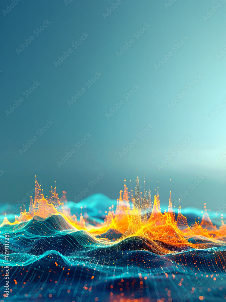Poster a mesmerizing abstract image of a digital wave with glowing points of light and data grids. represen