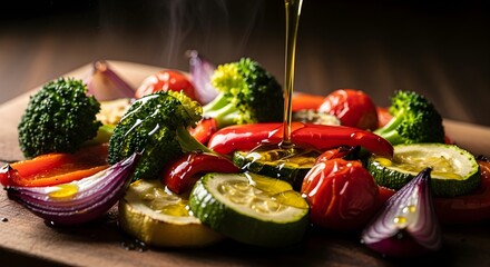 Roasted vegetables with olive oil drizzle.