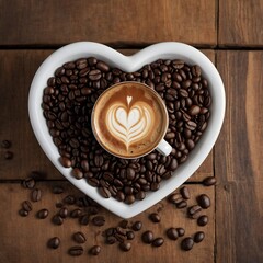 Heart shaped bowl filled with coffee beans and cappuccino with latte art on wooden surface