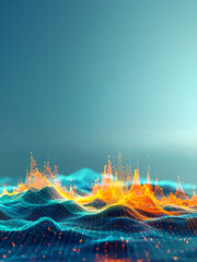 A mesmerizing abstract image of a digital wave with glowing points of light and data grids. Represents concepts like artificial intelligence, networking, and the flow of information.