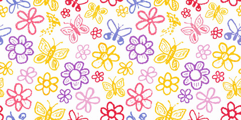 Charming hand drawn butterflies and flowers in vibrant colors create a delightful seamless pattern