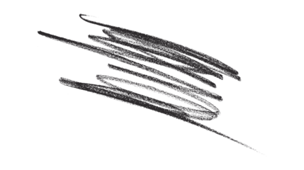 Hand drawn black pencil lines, circles, stripes and squiggly lines on transparent background.