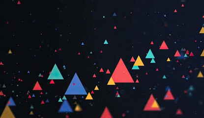 Abstract digital artwork featuring many small, colorful triangles scattered on a dark background