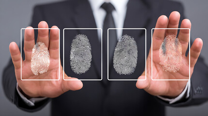 Person displaying fingerprint scans on hands with digital overlays
