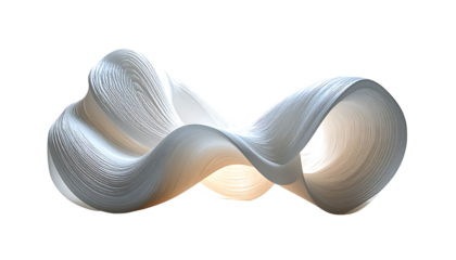 A digitally rendered, off-white, flowing, continuous, abstract form resembling a stylized infinity symbol with layered, translucent textures and soft internal illumination