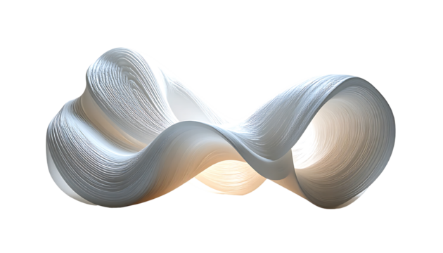 A digitally rendered, off-white, flowing, continuous, abstract form resembling a stylized infinity symbol with layered, translucent textures and soft internal illumination