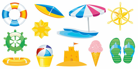 Collection of colorful cartoon beach and summer vacation icons on a white background