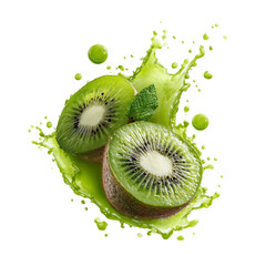 Kiwi Fruit and Kiwi Juice Splash on a Transparent Background