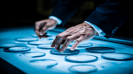A person in a suit interacts with a futuristic touch-sensitive table featuring circular interface elements illuminated in blue light.
