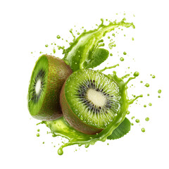 Kiwi Fruit and Kiwi Juice Splash on a Transparent Background