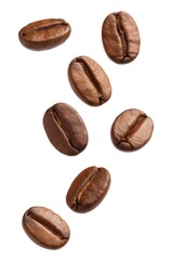 Eight roasted coffee beans with central grooves and natural variation falling style, on white background