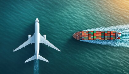 Aerial view of cargo ship and airplane over ocean (1)