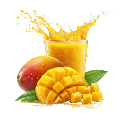 Mango with Juice Splash and Cubed Pieces on a Transparent Background