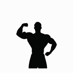 Silhouette of a Muscular Man Flexing His Biceps Demonstrating Strength and Fitness