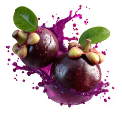 Mangosteen Fruit with Purple Juice Splash on a Transparent Background