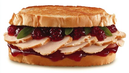 Toasted sandwich with turkey, cranberry sauce, and herbs