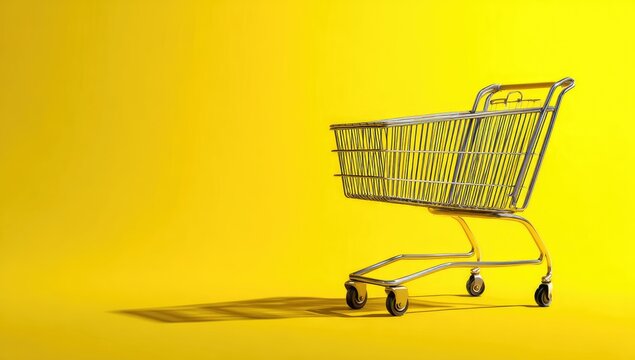 Empty shopping cart on a bright yellow background