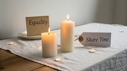 Candles and Messages on Table Promoting Equality and Togetherness