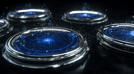 Futuristic transparent discs with glowing blue circuit patterns and digital networks on a dark surface