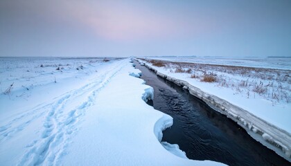 Winter river frazil field knitting into pans with dark lead hush representing cold season hydrology and delicate ice textures suitable for science education travel essays and minimalist design