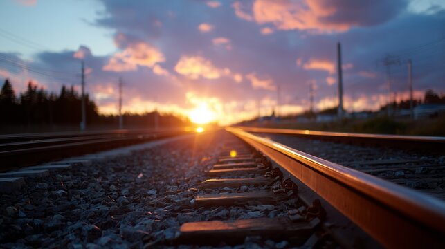 Sunset illuminates railway tracks stretching into the horizon with vibrant colors in a rural setting during evening hours