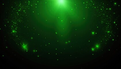 green cosmic light beams with sparkling stars and glowing particles in dark atmosphere, perfect for backgrounds, banners, or editorial illustrations