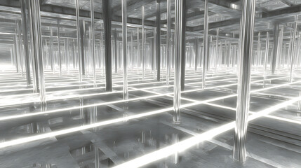 Futuristic interior with reflective metallic columns and illuminated grid floor
