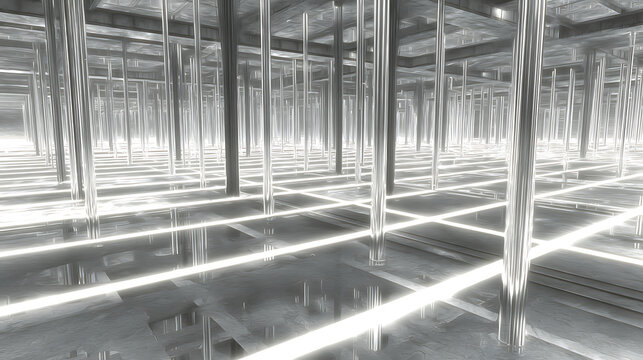 Futuristic interior with reflective metallic columns and illuminated grid floor - Powered by Adobe