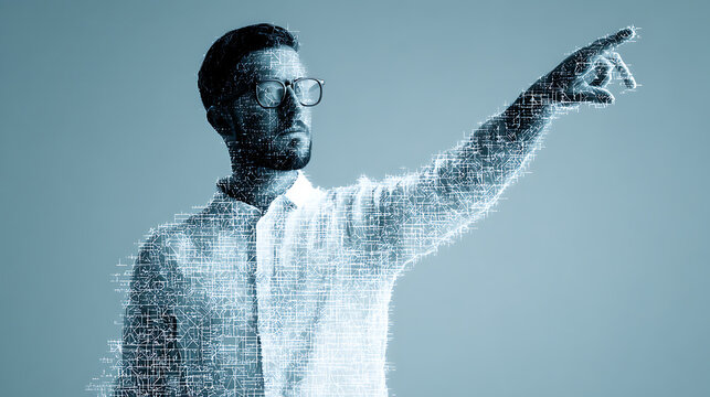 Man pointing forward with digital code overlay, representing technology and innovation - Powered by Adobe