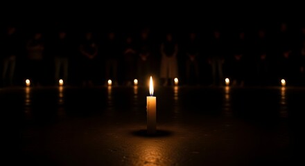Candle flame in darkness surrounded by faint silhouettes, symbolizing hope in democracy