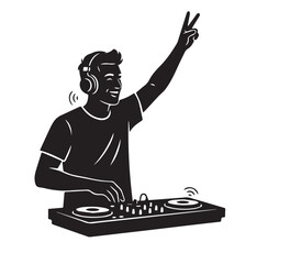 Black vector silhouette illustration of a man with headphones, a dj in action