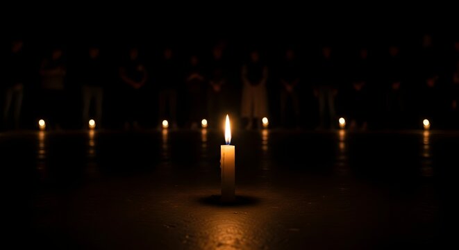 Candle flame in darkness surrounded by faint silhouettes, symbolizing hope in democracy