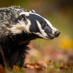 Close-up of a badger in autumn leaves