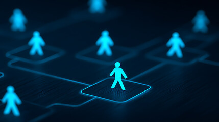 Digital network representation with interconnected human figures in a futuristic interface