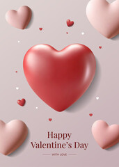 Happy Valentine's Day greeting card with glossy hearts in red and pink. Minimal style with soft colors. 3d hearts