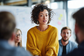 Confident young woman leading a creative team meeting in a modern office setting
