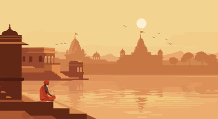 A tranquil flat design illustration showcasing the spiritual side of Pushkar with a sadhu by the sacred lake and a temple silhouette, reflecting the serene atmosphere beyond the fair's hustle.