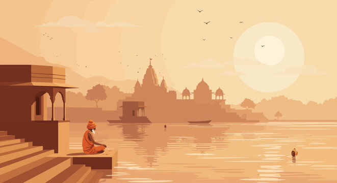 A tranquil flat design illustration showcasing the spiritual side of Pushkar with a sadhu by the sacred lake and a temple silhouette, reflecting the serene atmosphere beyond the fair's hustle.