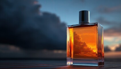 Amber perfume bottle reflecting sunset clouds on wooden surface
