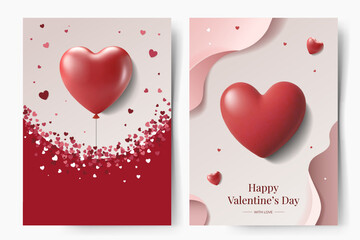 Set of Happy Valentine's Day greeting cards with glossy hearts. Frames with 3d hearts. Romantic backgrounds, love greeting.