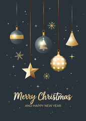Merry christmas and happy new year. Golden baubles and shining star. Elegant festive card with holiday decorations