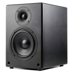 Obraz premium A black modern studio monitor speaker with a textured grille and visible woofer and tweeter isolated on transparent background