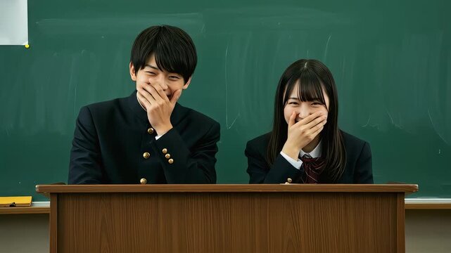 制服を着た男女高校生が、教壇の前で笑いをこらえる