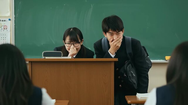 教室で笑いをこらえる男女の学生