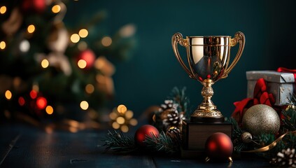 Gold trophy amidst Christmas decor